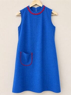 Vintage Handmade Mod Shift Dress Blue Red Ric Rac A-Line Womens S/M